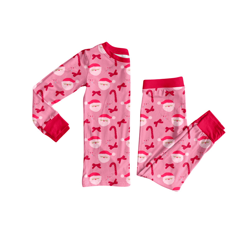 Preorder (moq 5)Baby Girls Hot Pink Long Sleeves Santa Gingerbread Top Pant Pajamas Sets
