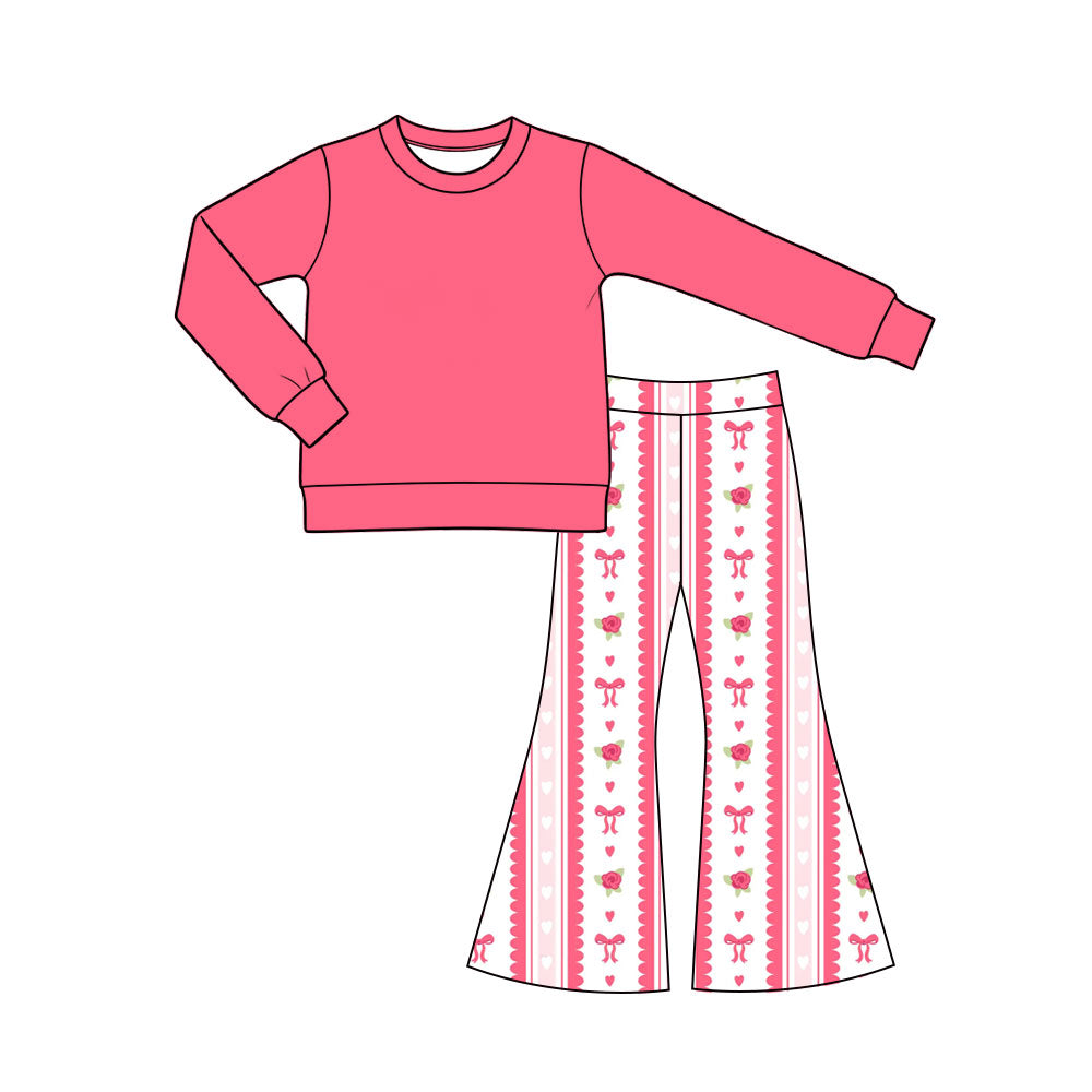 Preorder (moq 5) Baby Girl Clothes Rose Heart Bow Stripe Print Long Sleeve Flare Pant Set