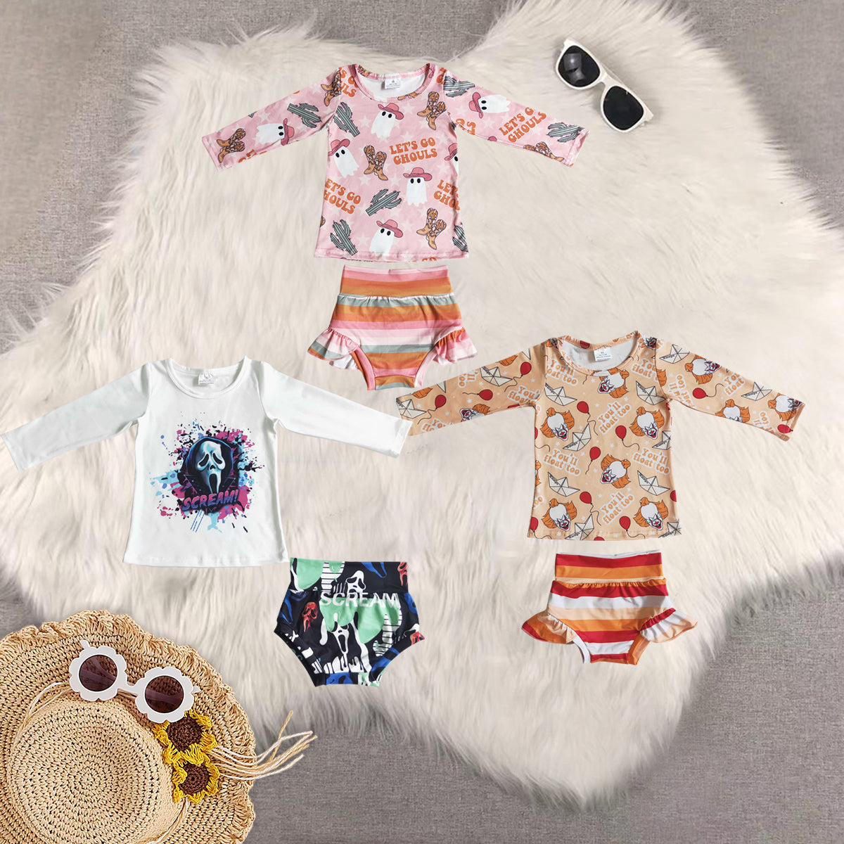 Sibling Baby Girls Halloween Long Sleeves Ghost Gifts Cactus Top Ruffle Bummie Sets