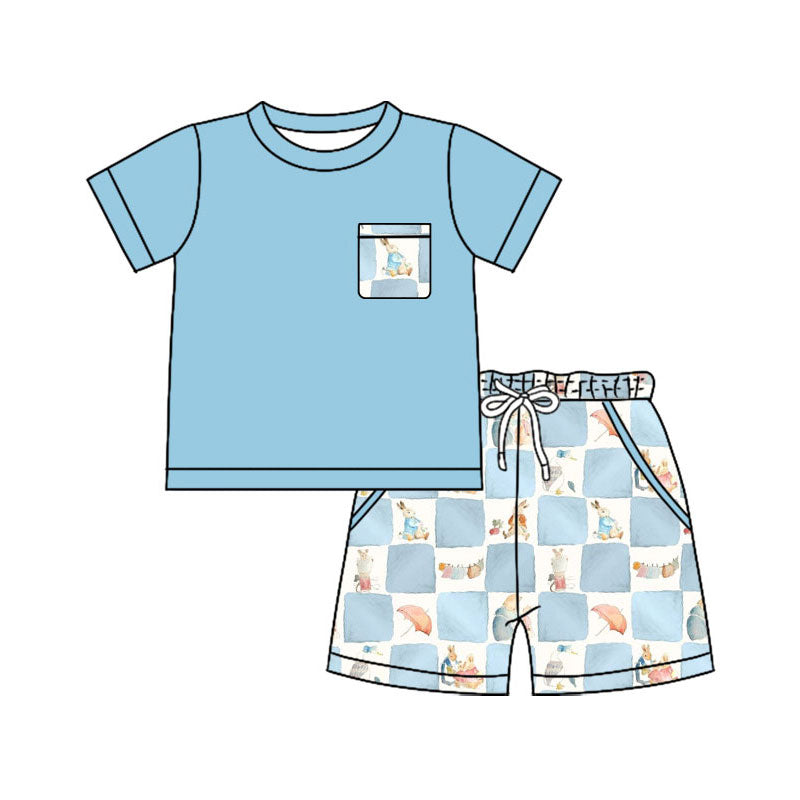 Preorder(moq 5) Baby Boys Short Sleeve Top Rabbits Checked Pockets Shorts Easter Clothes Sets