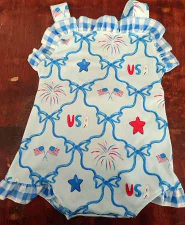 Preorder moq 5 Baby Girls Strap Blue Bows Flags 4th Of July Ruffle Rompers