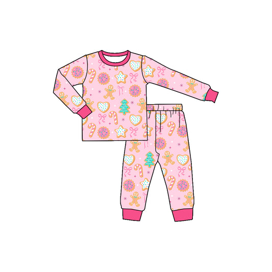 Preorder (moq 5)Baby Girls Christmas Pink Gingerbread Trees Shirts Pants Pajamas Sets