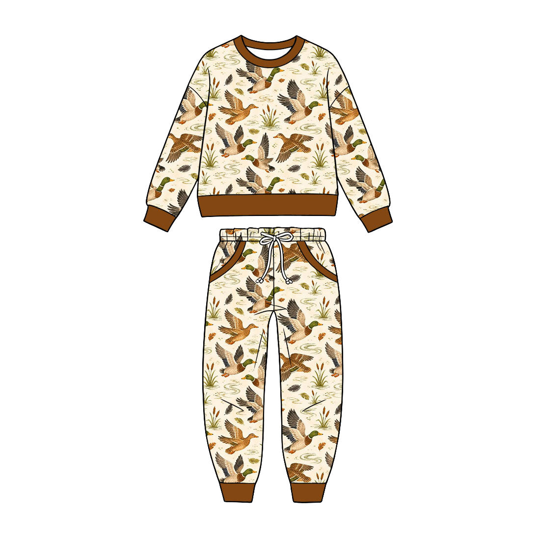 Preorder (moq 5) Baby Boy Colorful Duck Cattail Print Long Sleeve Sweatshirt Jogger Pant Set