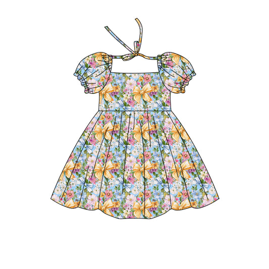 Preorder (moq 5)Baby Girls Short Ruffle Sleeve Colorful Bows Flowers Knee Length Dress