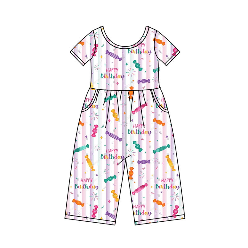 Preorder(moq 8)Baby Girls Pink Stripe Pockets Happy Birthday Stripe Pant Jumpsuits