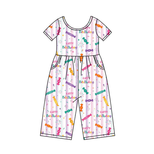 Preorder(moq 8)Baby Girls Pink Stripe Pockets Happy Birthday Stripe Pant Jumpsuits