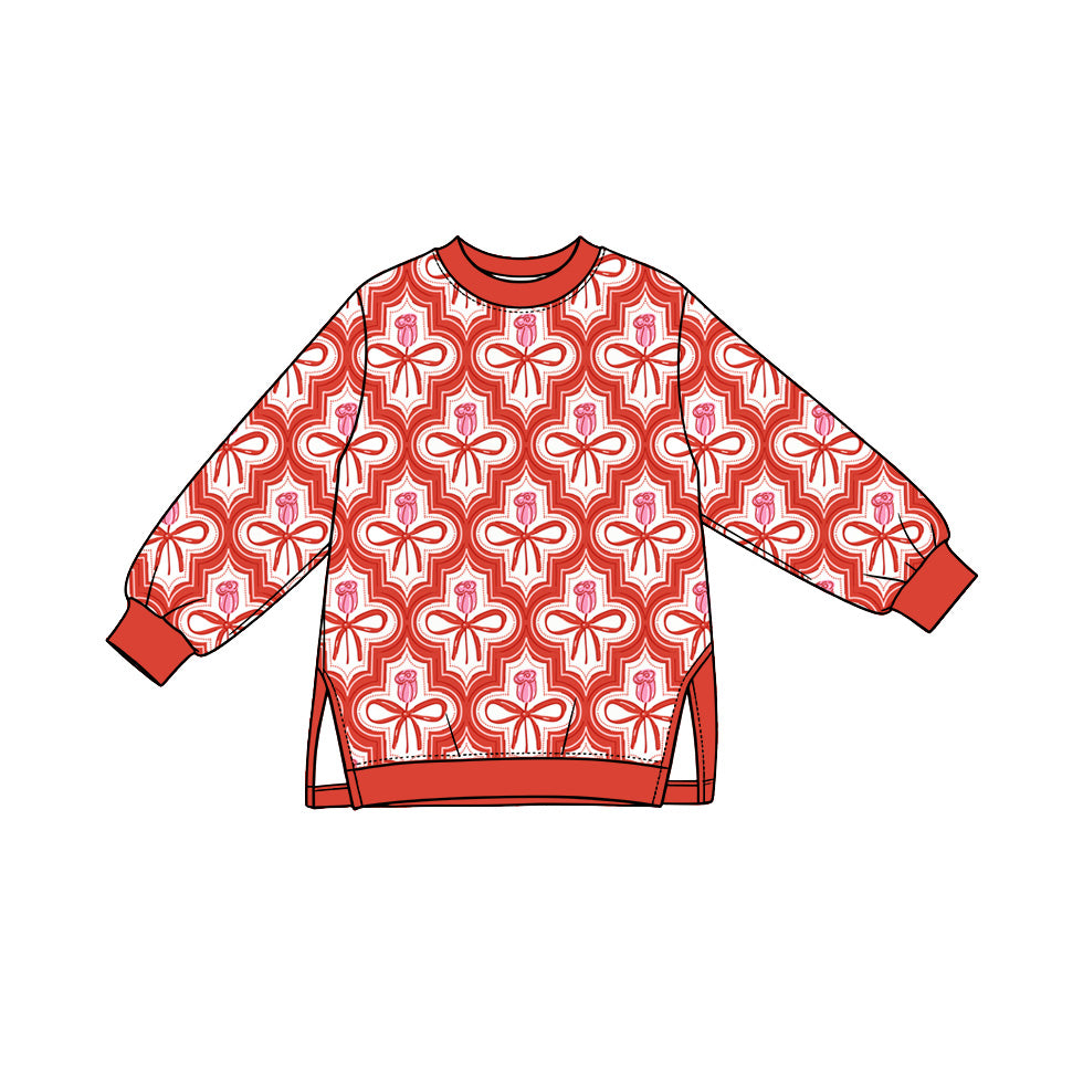 Preorder (moq 5) Baby Girl Clothes Red Bow Rose Geometric Mixed Print Long Sleeve Tunic Top