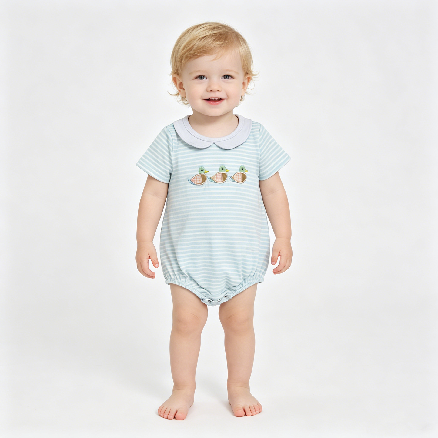 Embroidery Ducks Baby Boys Short Sleeve Collar Hunting Stripe Rompers