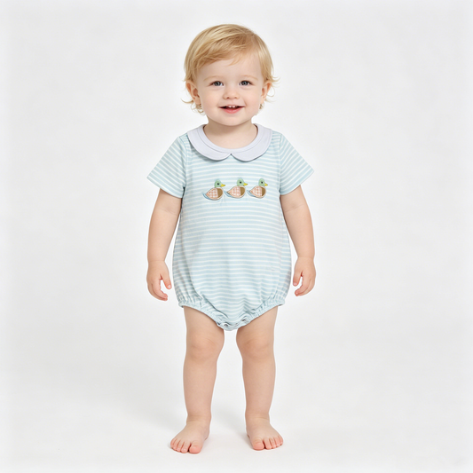 Embroidery Ducks Baby Boys Short Sleeve Collar Hunting Stripe Rompers