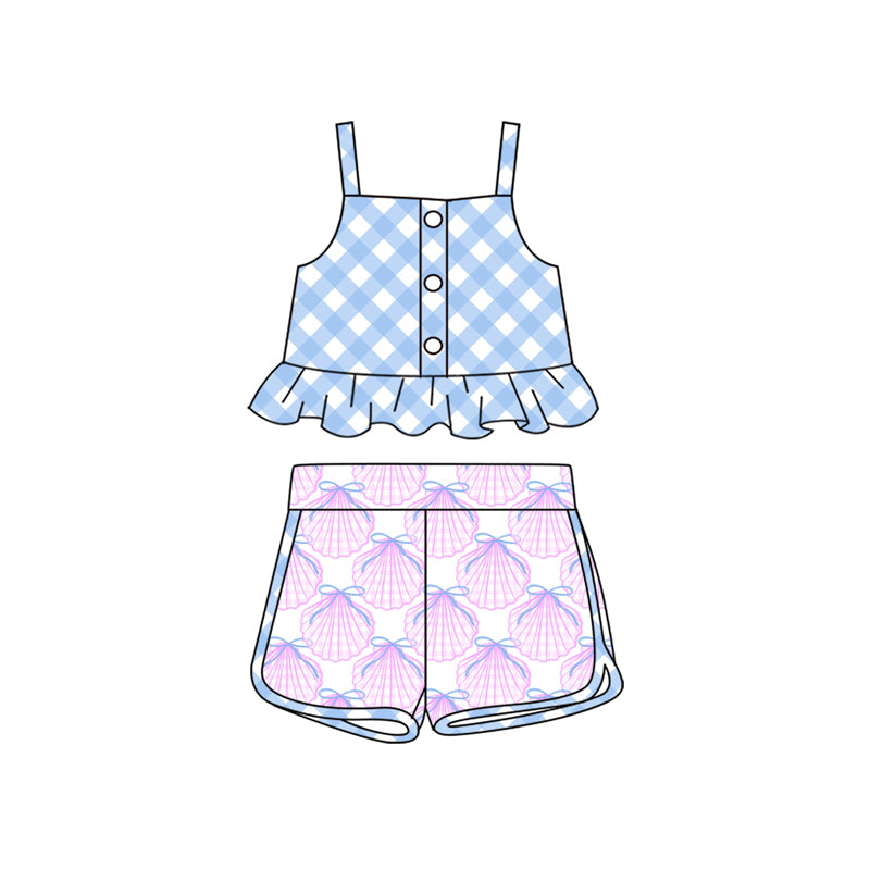 Preorder (moq 5)Baby Girls Blue Checkered Straps Top Purple Shell Scale Shorts Clothes Sets