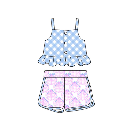 Preorder (moq 5)Baby Girls Blue Checkered Straps Top Purple Shell Scale Shorts Clothes Sets
