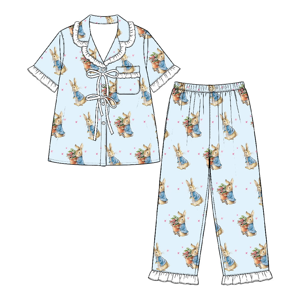 Preorder (moq 5) Baby Girl Clothes Peter Rabbit Floral Mixed Print Short Sleeve Ruffle Pajama Set