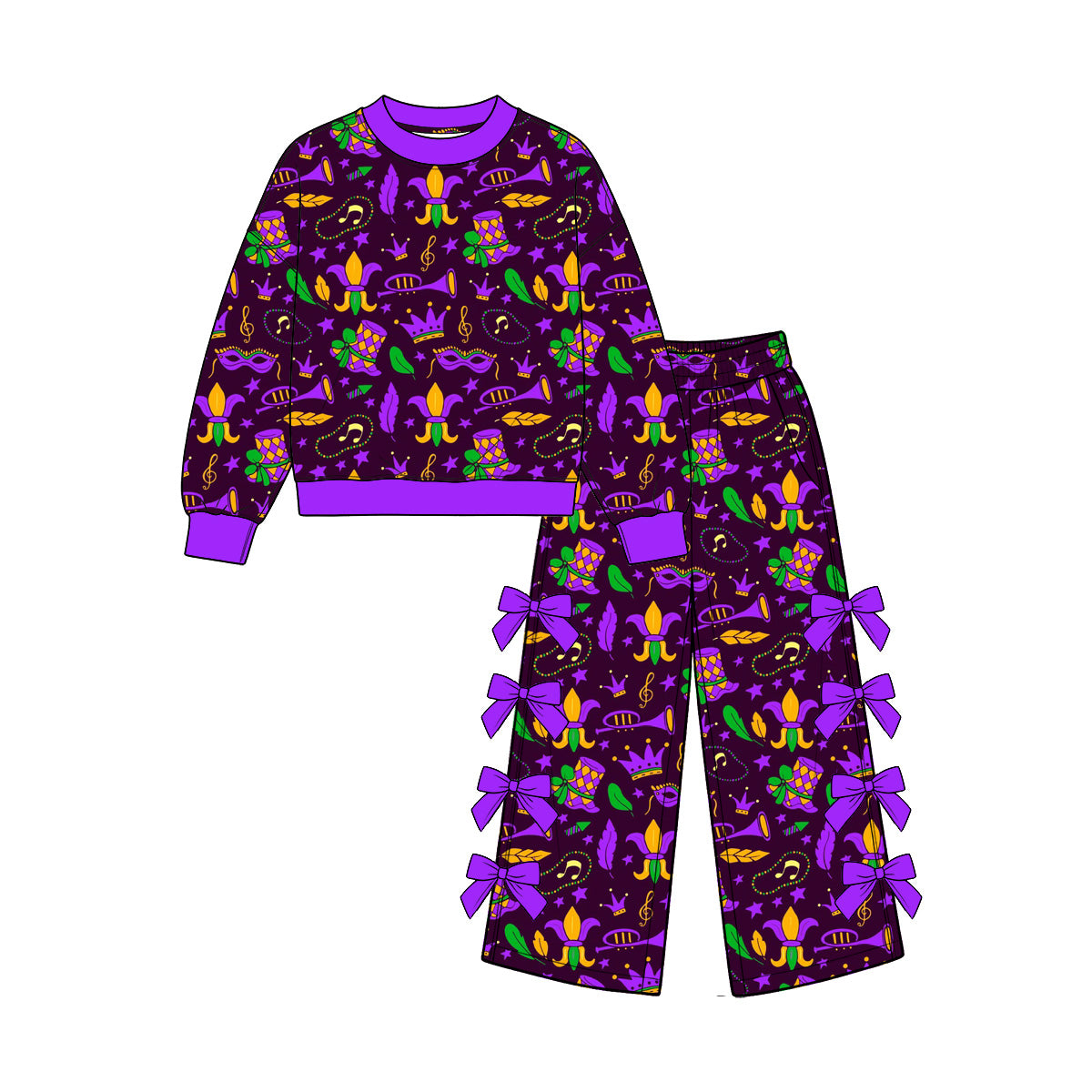 Preorder (moq5) Baby Girls Mardigras Masks Top Bows Pockets Flare Pant Clothes Set