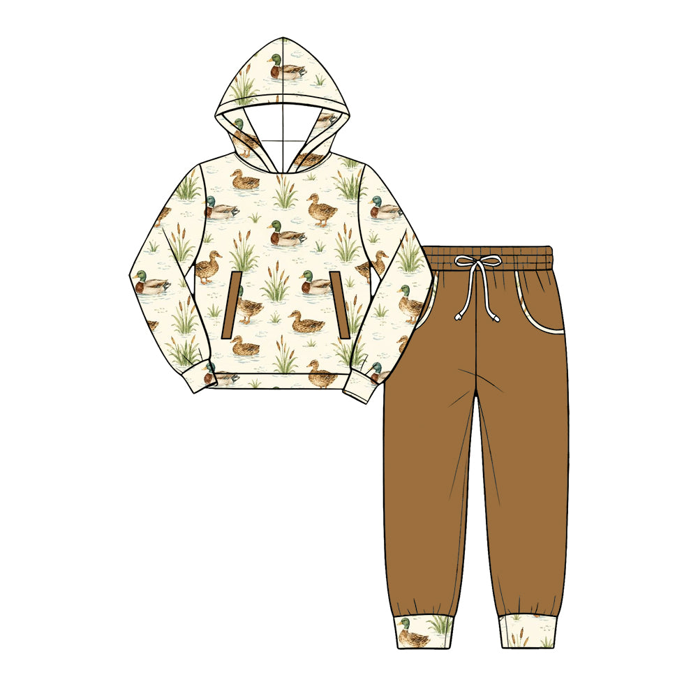 Preorder (moq 5) Baby Boy Clothes Pond Mallard Duck Reeds Allover Print Long Sleeve Hoodie Jogger Pant Set