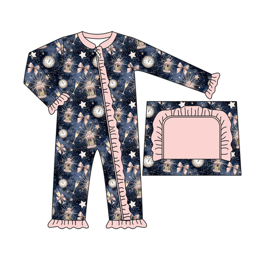 Preorder(moq 5)Baby Kids Hot Blue Bows Key Stars Ruffle Zipper Pant Rompers