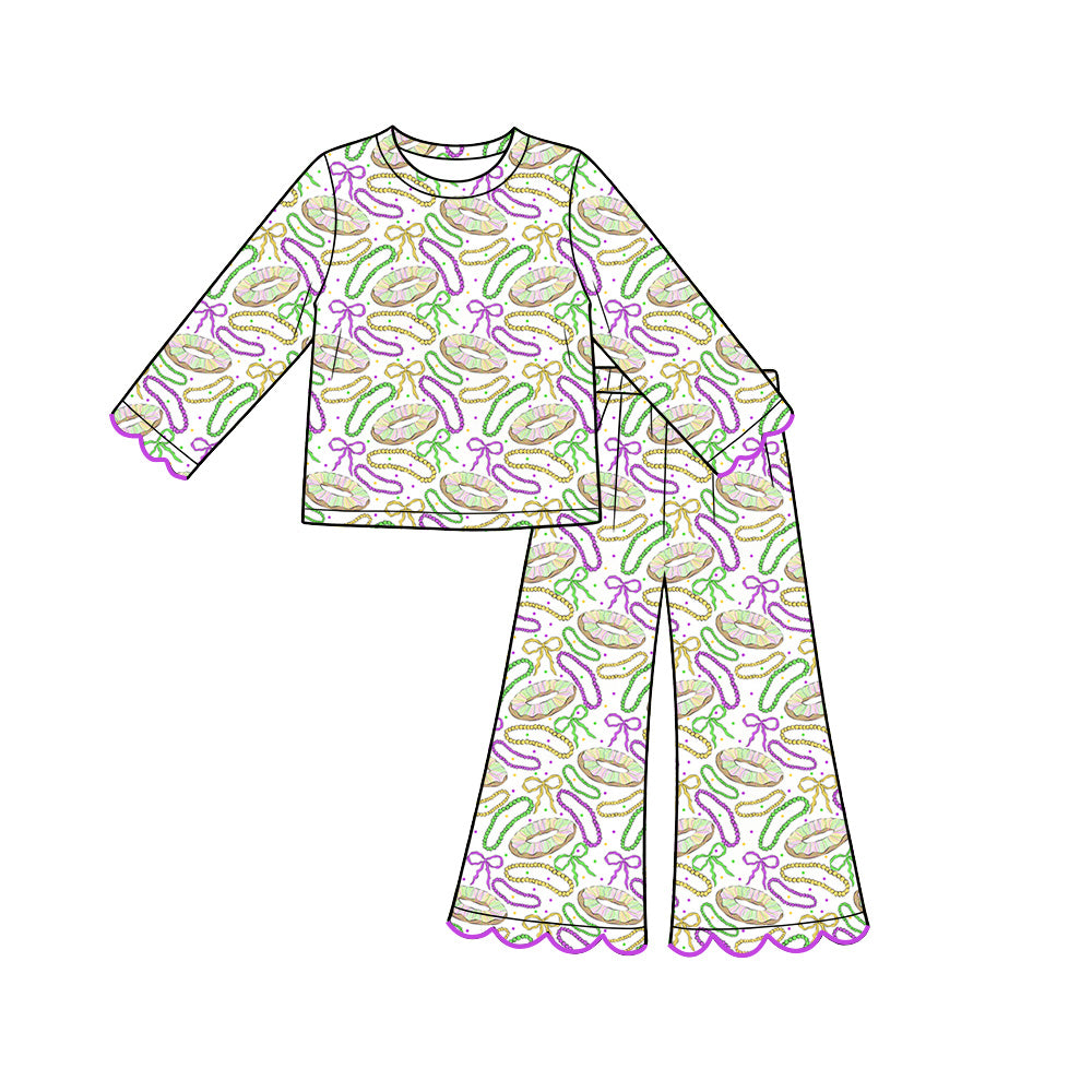 Preorder (moq 5) Girl Clothes Mardi Gras King Cake Bead Bow Print Scalloped Long Sleeve Flare Pajama Set