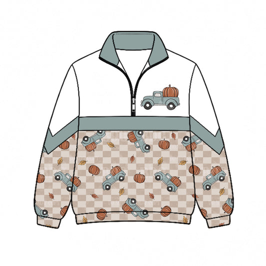 Preorder (moq 5)Baby Boys Pumpkins Leaves Trucks Farm Fall Zip Pullovers Top