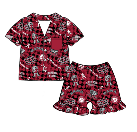Preorder (moq 5)Baby Girls Short Sleeves Red Plaid Button Pocket Bama A Top Ruffle Shorts Team Pajamas Set