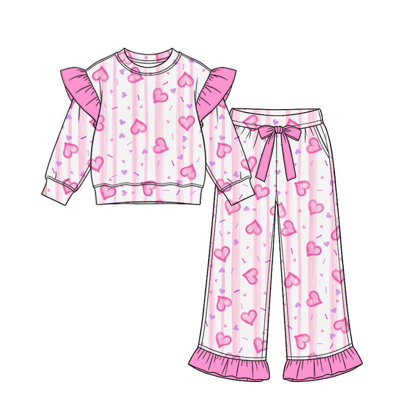 Preorder (moq 5)Baby Girls Pink Stripe Hearts Top Pockets Ruffle Pant Valentines Clothes Set