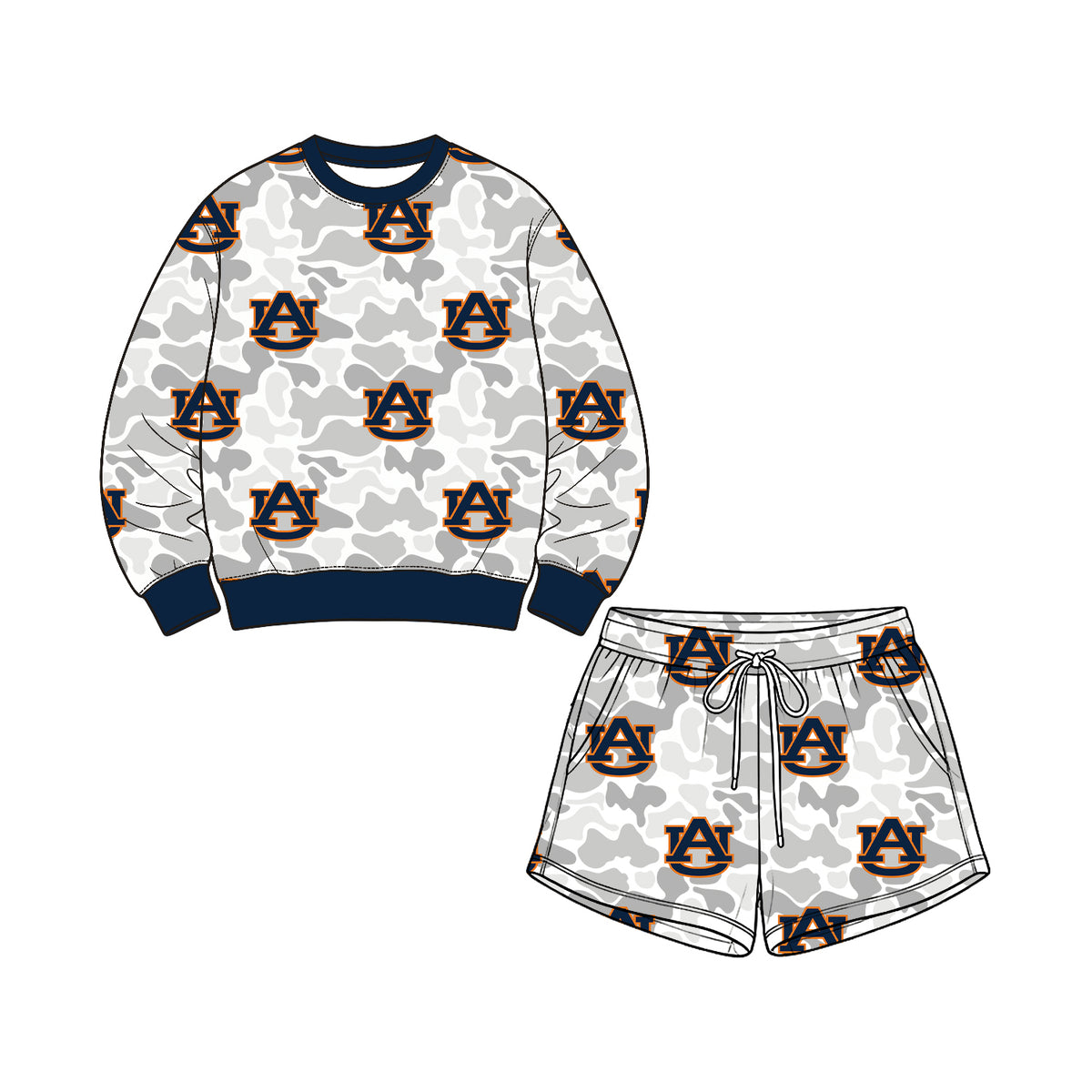 Preorder (moq 5) Kids Clothes Camo Letter AU Mixed Print Long Sleeve Sweatshirt Short Pant Set