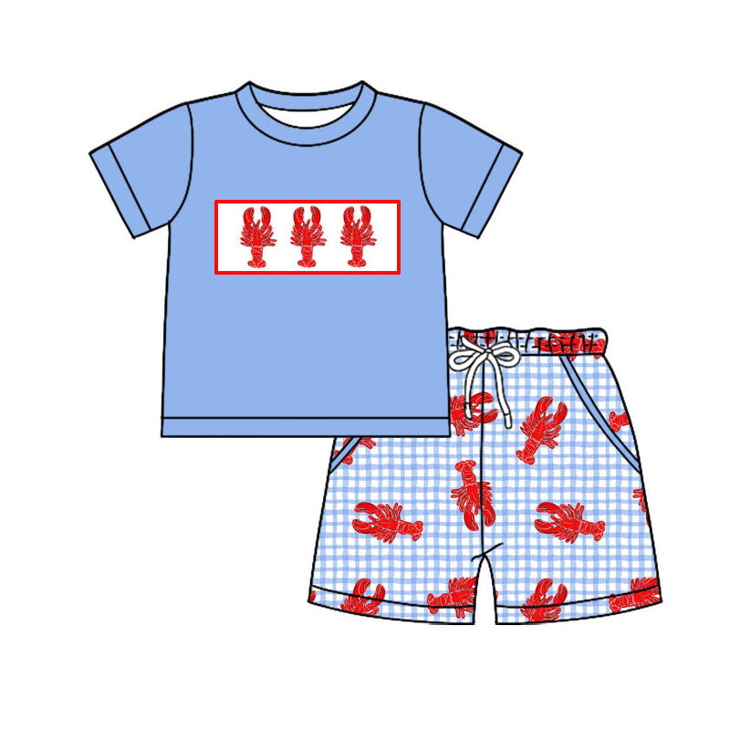 Preorder(moq 5) Baby Boys Blue Short Sleeve Crayfishes Top Pockets Checked Shorts Clothes Set