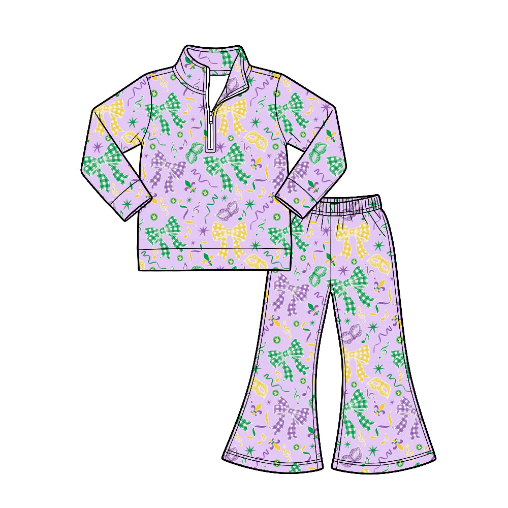Preorder (moq 5)  girl clothes Mardi Gras Floral Long Sleeve 1/4 Zip Pullover Mardi Gras Flare Pants 2‑Piece Outfit Set