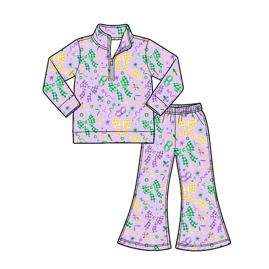 Preorder (moq 5)  girl clothes Mardi Gras Floral Long Sleeve 1/4 Zip Pullover Mardi Gras Flare Pants 2‑Piece Outfit Set