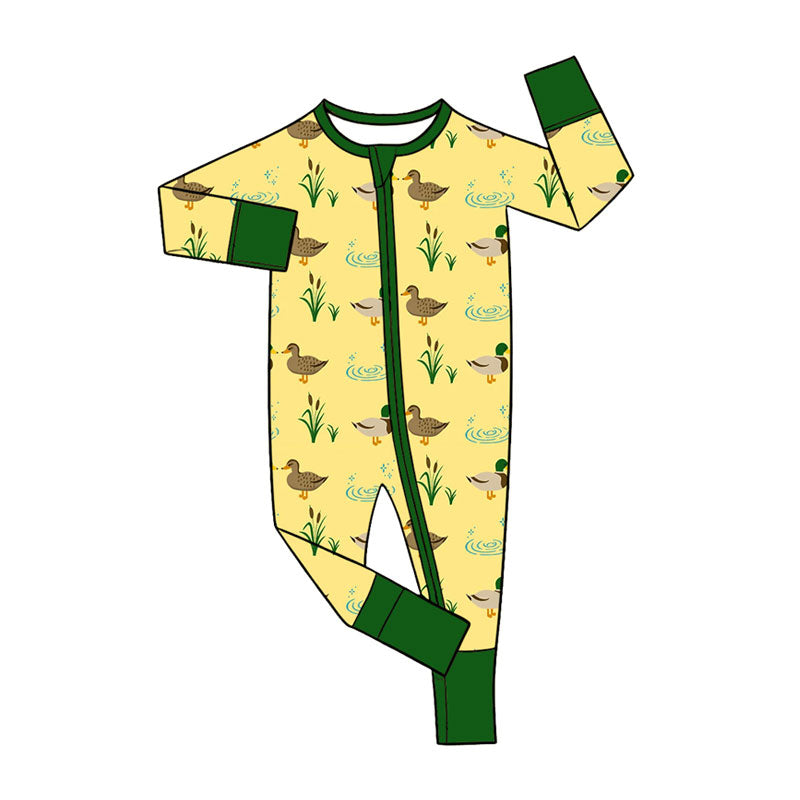 Preorder (moq 5) Baby Boy Clothes Mallard Duck Reeds Water Allover Print Long Sleeve Zip Romper Jumpsuit
