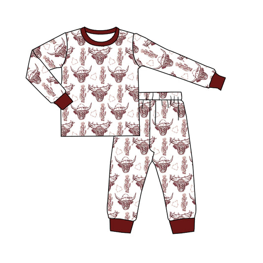 Baby Boys Christmas Highland Cow Western Top Pants Pajamas Clothes Sets Preorder(moq 5)