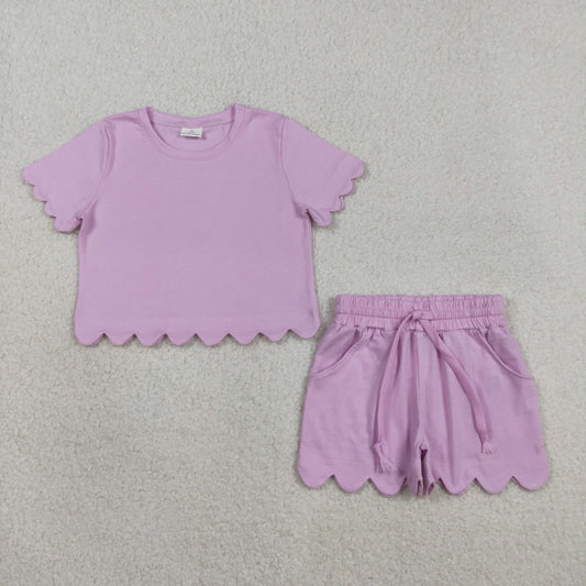 Baby Girls Pink Short Sleeve Top Pockets Shorts Cotton Scallop Clothes Sets