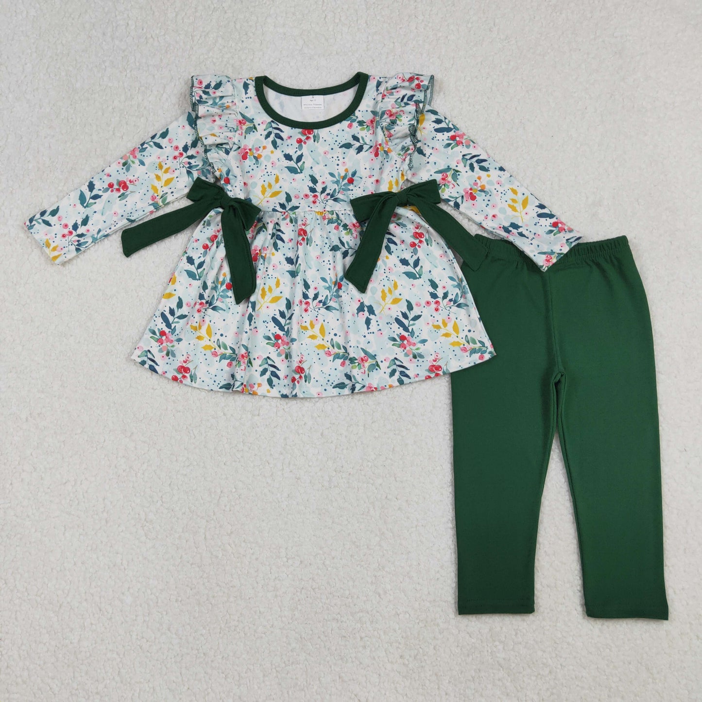 Baby Girls Green Leaves Bows Tunic Leggings Pants Clothes Sets