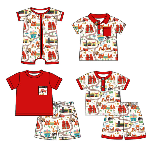 Preorder moq 5 Custom Baby Boys Red Short Sleeves Button Pocket Cartoon Cars School Top Short Set Polo Shirts And Rompers
