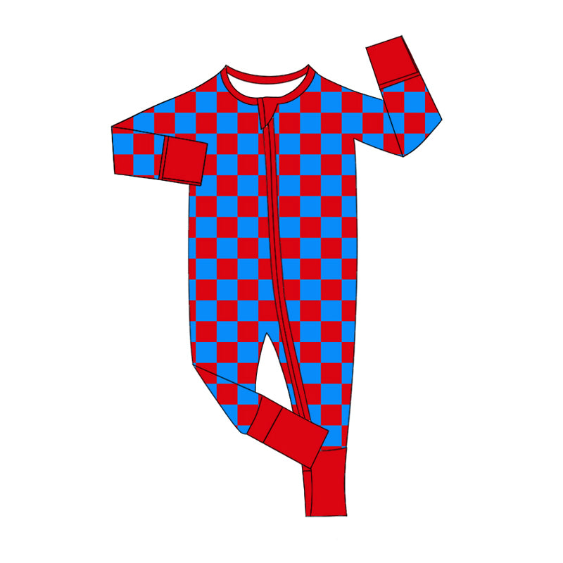 Baby Infant Boys Red Blue Checkered Zip Rompers preorder(moq 5)