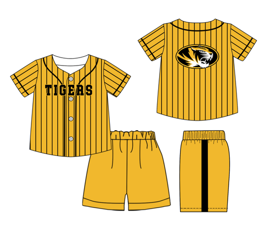 Preorder (moq 5)Baby Boys Black Stripe Tigers Button Top Shorts Team Clothes Sets