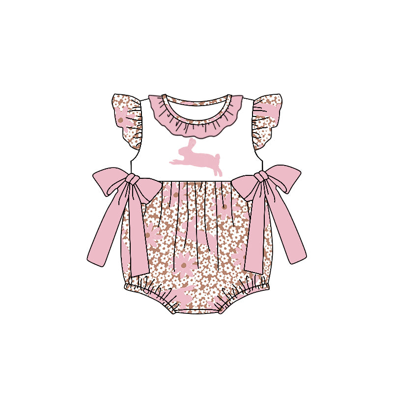 Baby Girls Pink Easter Rabbit Flowres Bows Rompers preorder(moq 5)