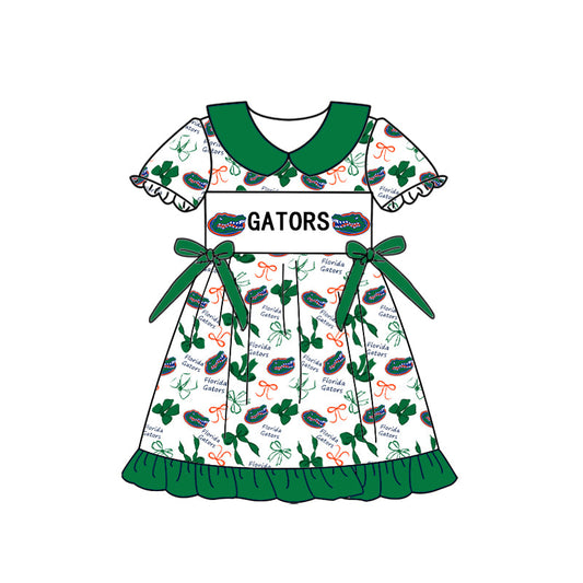 Preorder (moq 5)Baby Girls Short Sleeve Gators Bows Collar Team Ruffle Knee Length Dress