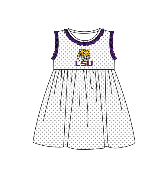 Preorder (moq 5)Baby Girls Sleeveless LSU Tiger Polka Dots Team Knee Length Dresses