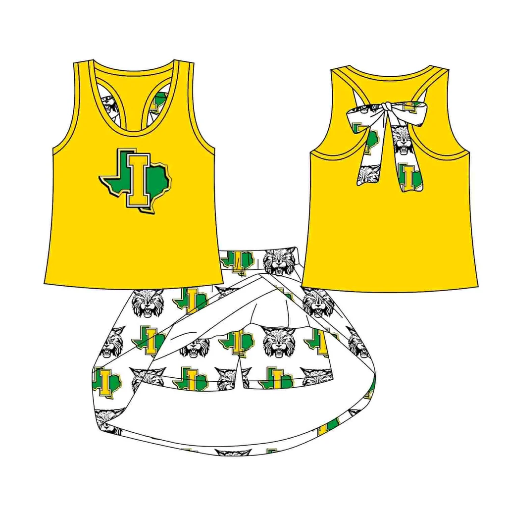 Preorder (moq 5)Baby Girls Yellow I bow vest team Top Skirt Skort Sets