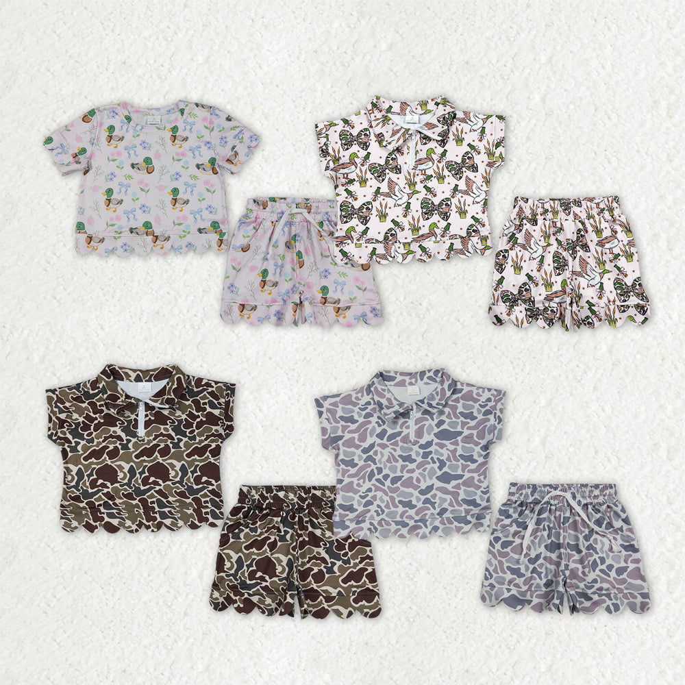 Sibling Baby Girls Southern Camo Ducks Zip Pullovers Pockets Shorts Scallop Clothes Sets