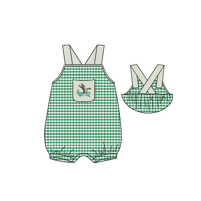 Baby Infant Boys Duck Green Checkered Rompers preorder(moq 5)