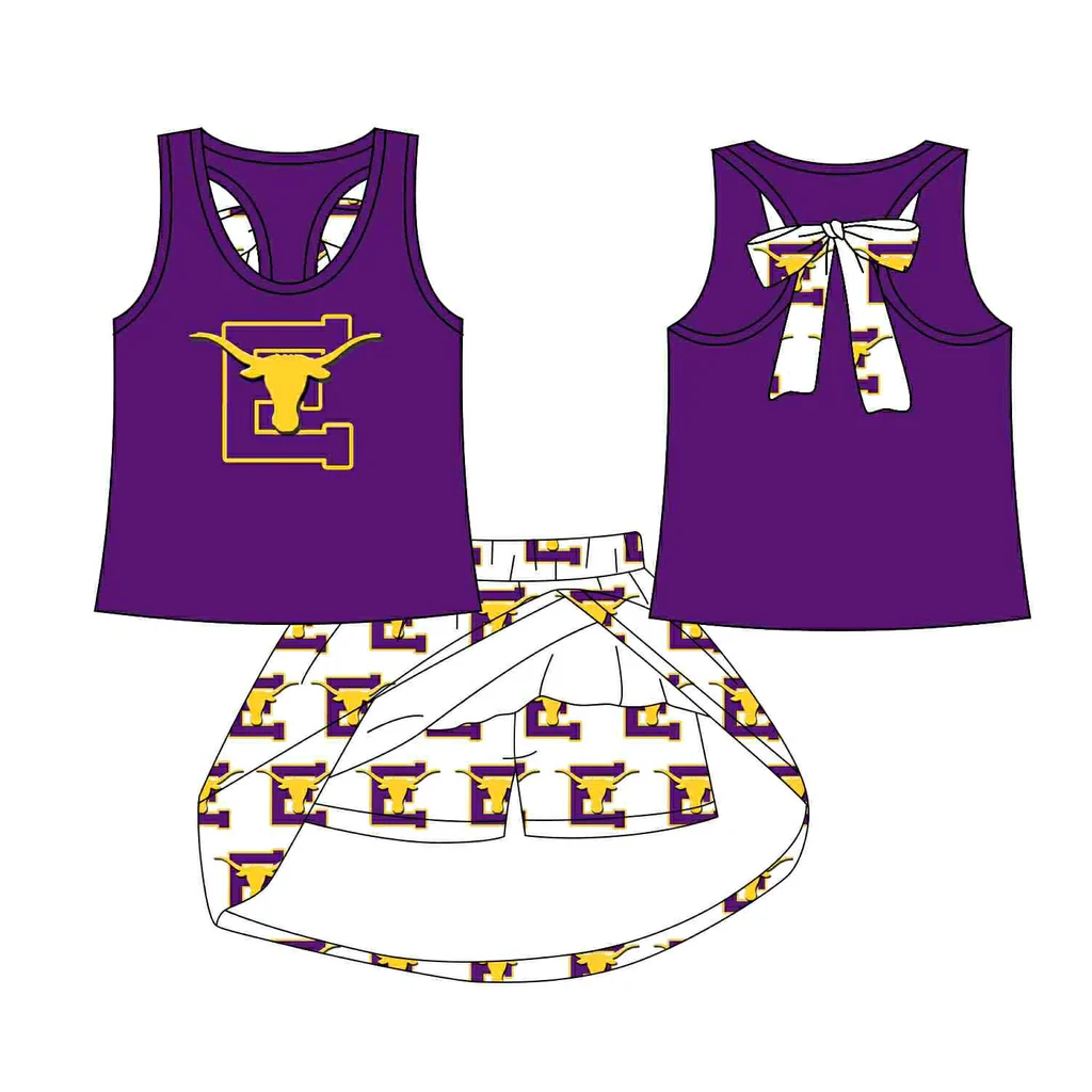 Preorder (moq 5)Baby Girls Purple Cow bow vest team Top Skirt Skort Sets