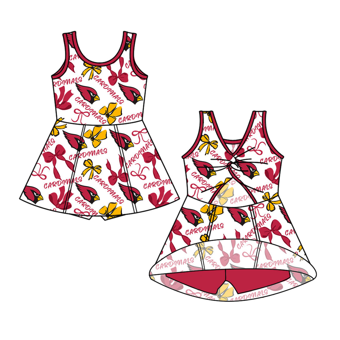 Preorder (moq 5)Baby Girls Red Sleeveless Birds Bows Short Team Knee Length Dresses
