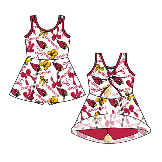 Preorder (moq 5)Baby Girls Red Sleeveless Birds Bows Short Team Knee Length Dresses