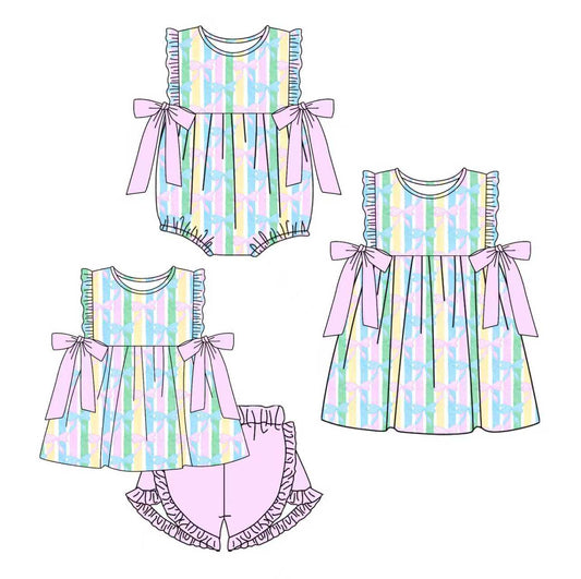 Preorder moq 5 (each item)Baby Girls Colorful Stripe Bows Tunic Ruffle Shorts Clothes Sets Dress Ruffle Rompers