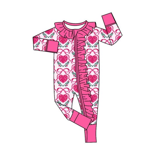 Preorder (moq 20)Baby Girls Bamboo Pink Hearts Bows Valentine Ruffle Zippy Footie Rompers