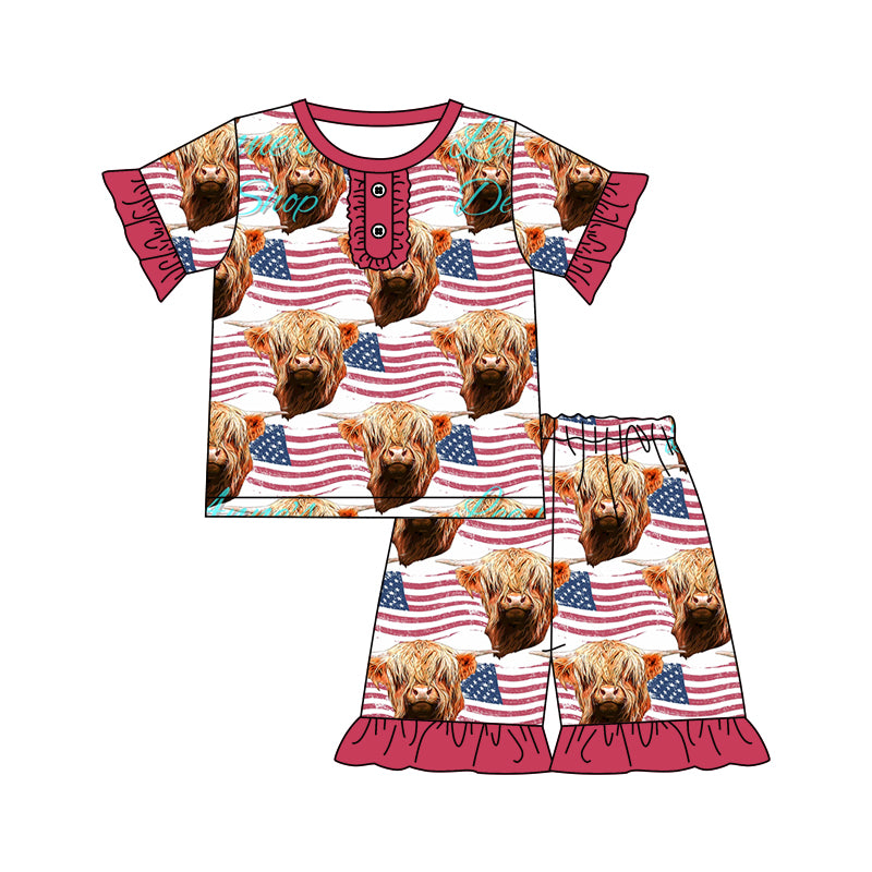 Baby Girls Short Sleeve 4th Of July Highland Cows Shirt Ruffle Shorts Pajamas Outfits Sets preorder(moq 5)