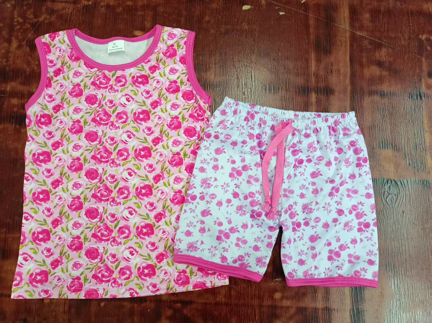Preorder moq 5 Baby Girls Sleeveless Pink Flowers Tunic Short Set