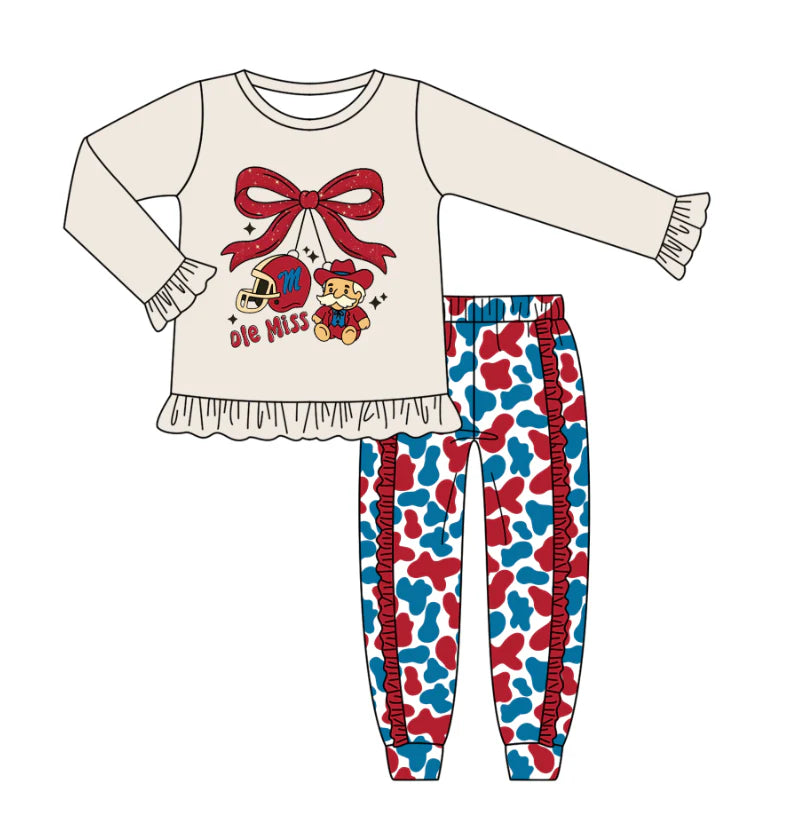 Preorder (moq 5)Baby Girls Grey Red Ole Miss Team Top Ruffle Pants Outfits Sets
