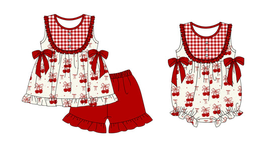 Preorder(moq 5 each)Sibling Baby Girls Cherry Bows Tunic Top Shorts Bows Rompers Clothes Sets