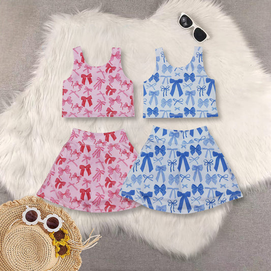Sibling Baby Girls Sleeveless Blue Pink Bows Vest Top Yoga Athletic Skorts Sets